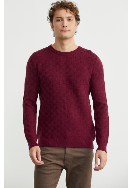 Motifli Sıfır Yaka Triko Kazak - Bordo modelleri