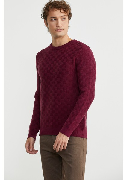 Motifli Sıfır Yaka Triko Kazak - Bordo fırsatları