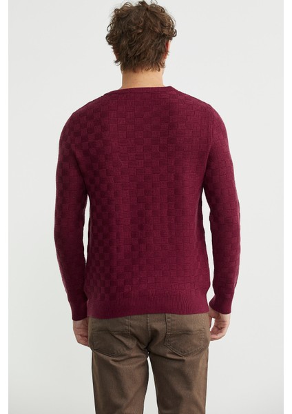 Motifli Sıfır Yaka Triko Kazak - Bordo indirimleri