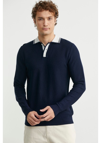 Polo Yaka Yünlü Triko Kazak - Lacivert