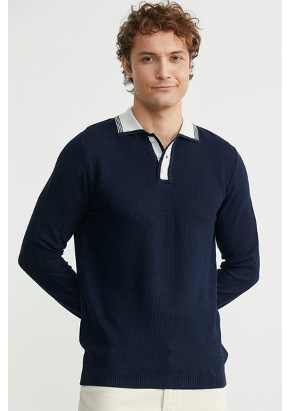 Polo Yaka Yünlü Triko Kazak - Lacivert fiyatları