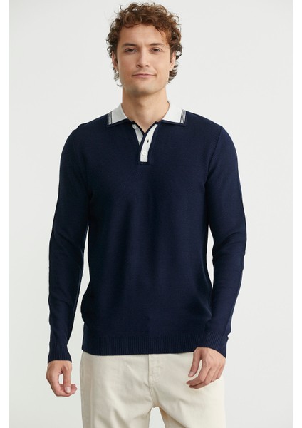 Polo Yaka Yünlü Triko Kazak - Lacivert modelleri