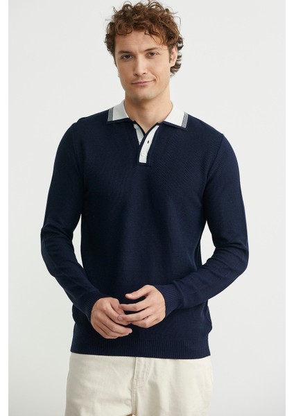 Polo Yaka Yünlü Triko Kazak - Lacivert fırsatları