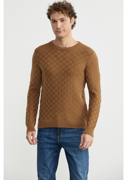 Motifli Sıfır Yaka Triko Kazak - Kamel