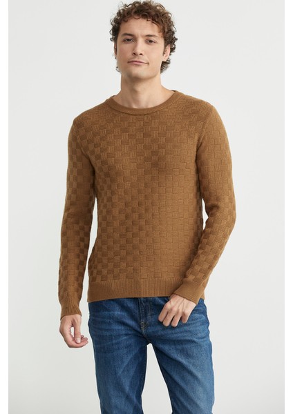 Motifli Sıfır Yaka Triko Kazak - Kamel fiyatları