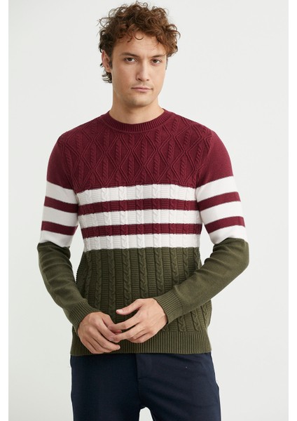 Blok Renk Geçişli Triko Kazak - Haki