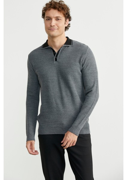 Polo Yaka Yünlü Triko Kazak - Füme fiyatları