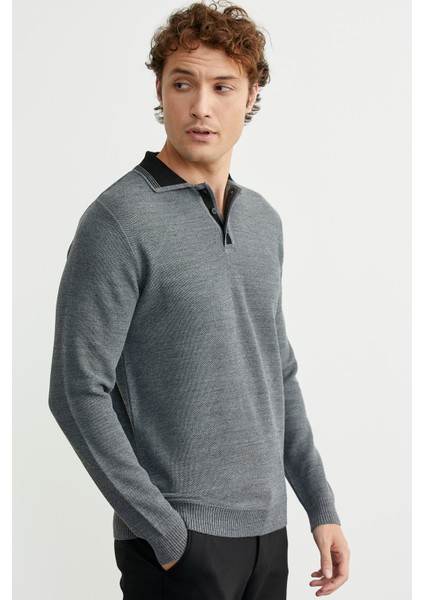 Polo Yaka Yünlü Triko Kazak - Füme modelleri