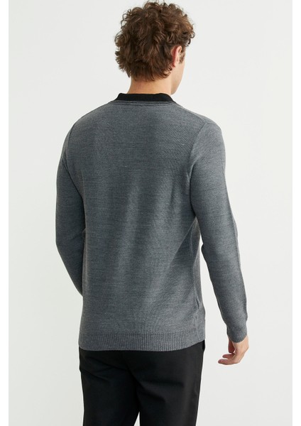 Polo Yaka Yünlü Triko Kazak - Füme indirimleri