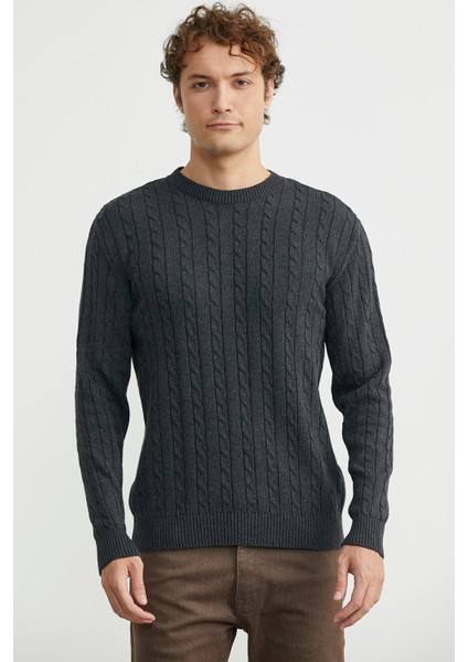 Pamuklu Saç Örgü Detaylı Triko Kazak - Antrasit