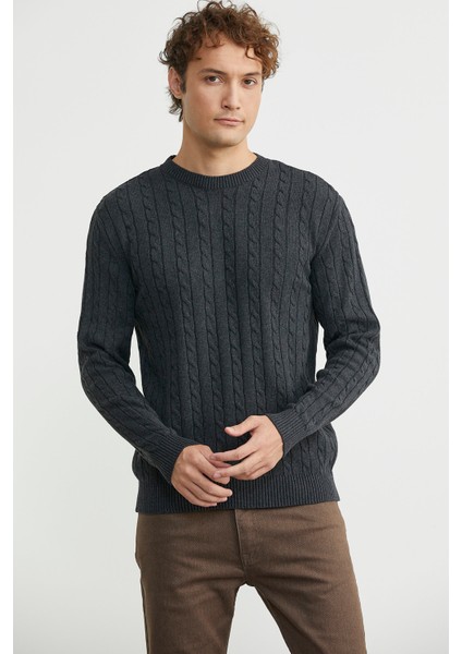 Pamuklu Saç Örgü Detaylı Triko Kazak - Antrasit fiyatları