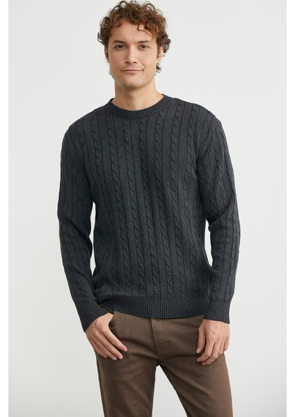 Pamuklu Saç Örgü Detaylı Triko Kazak - Antrasit fırsatları