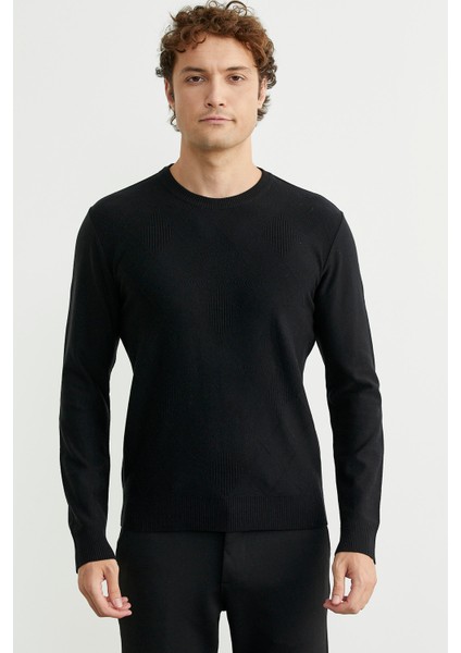 Baklava Motif Detaylı Triko Kazak - Siyah