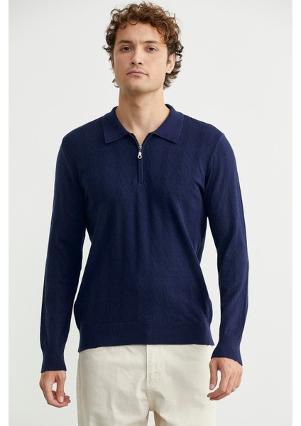 Fermuarlı Polo Yaka Triko Kazak - Lacivert