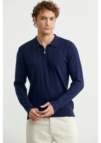Fermuarlı Polo Yaka Triko Kazak - Lacivert fiyatları