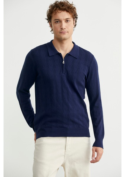 Fermuarlı Polo Yaka Triko Kazak - Lacivert modelleri