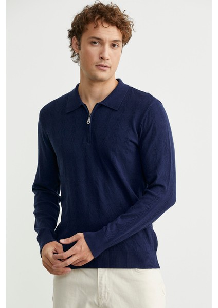 Fermuarlı Polo Yaka Triko Kazak - Lacivert fırsatları