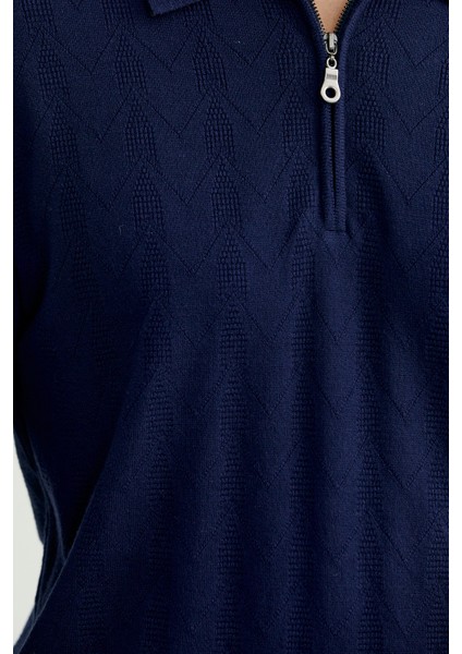 Fermuarlı Polo Yaka Triko Kazak - Lacivert indirimleri