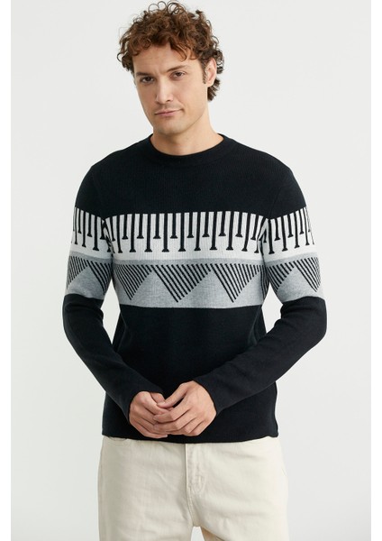 Çift Renk Motifli Triko Kazak - Siyah