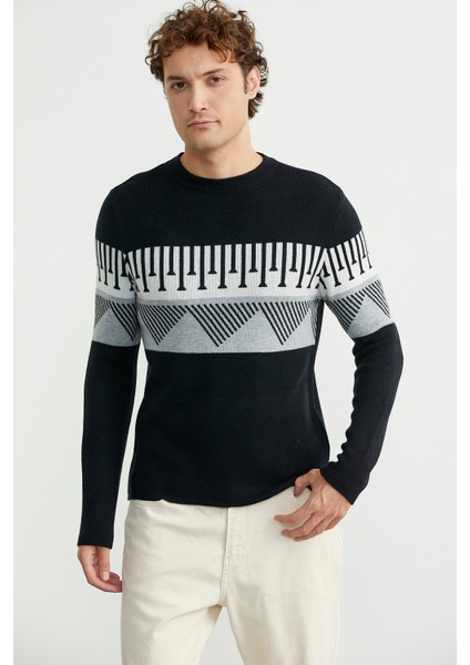 Çift Renk Motifli Triko Kazak - Siyah fiyatları