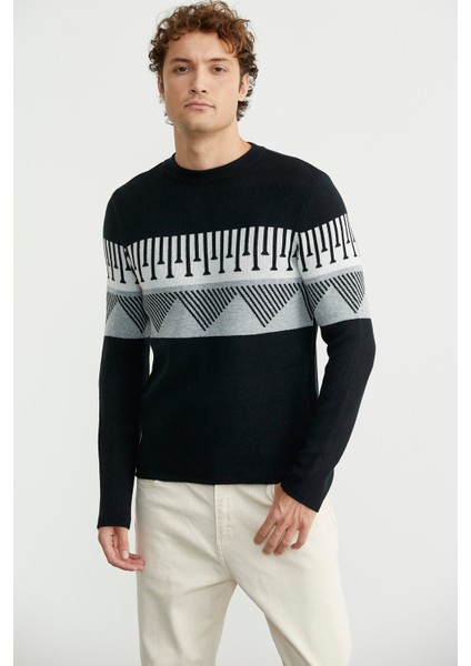 Çift Renk Motifli Triko Kazak - Siyah modelleri