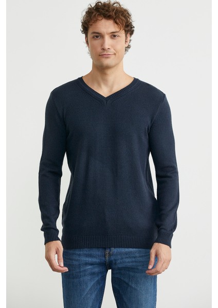 V Yaka Basic Triko Kazak - Lacivert