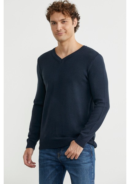 V Yaka Basic Triko Kazak - Lacivert modelleri