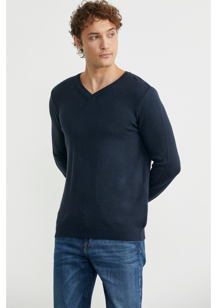 V Yaka Basic Triko Kazak - Lacivert fırsatları