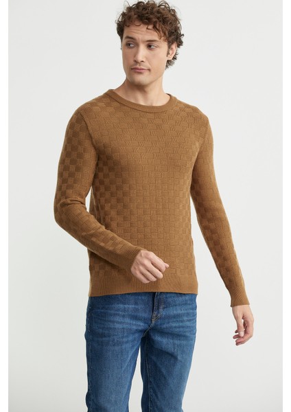 Motifli Sıfır Yaka Triko Kazak - Kamel modelleri