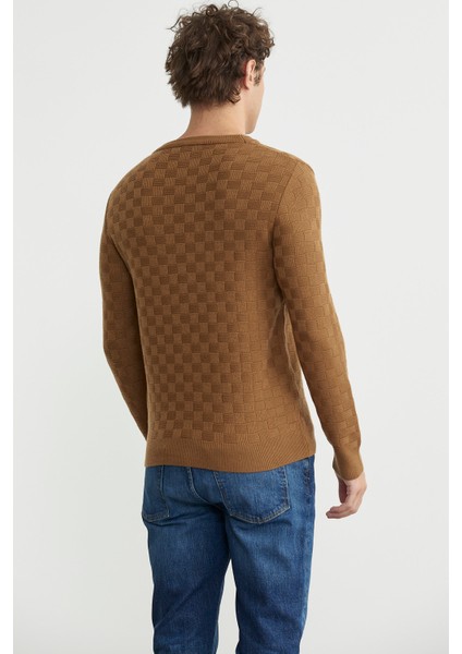 Motifli Sıfır Yaka Triko Kazak - Kamel indirimleri