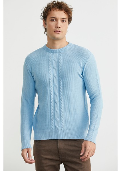 Motif Detaylı Bisiklet Yaka Triko Kazak - Mavi