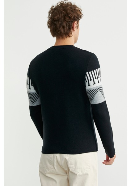 Çift Renk Motifli Triko Kazak - Siyah indirimleri