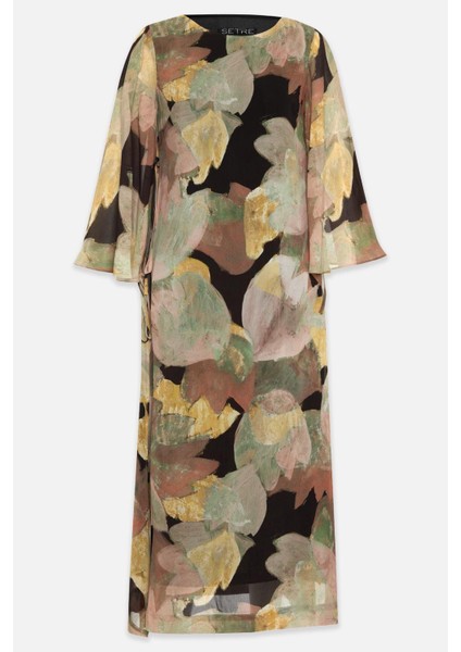 Siyah-Sarı Yandan Bağlama Detaylı Truvakar Kol Desenli Elbise