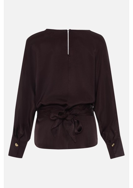 Çikolata Belden Bağlama Detaylı Uzun Kollu Bluz fiyatları