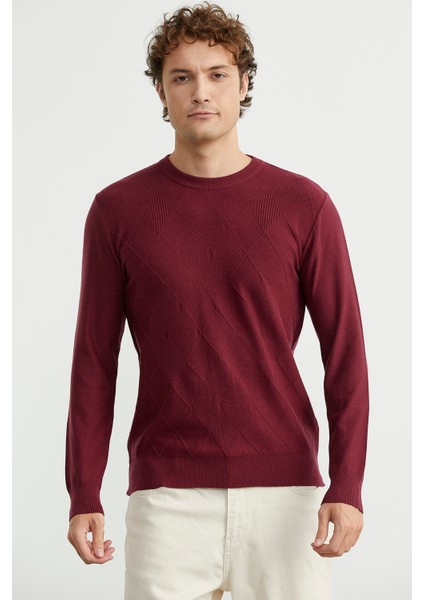 Baklava Motif Detaylı Triko Kazak - Bordo