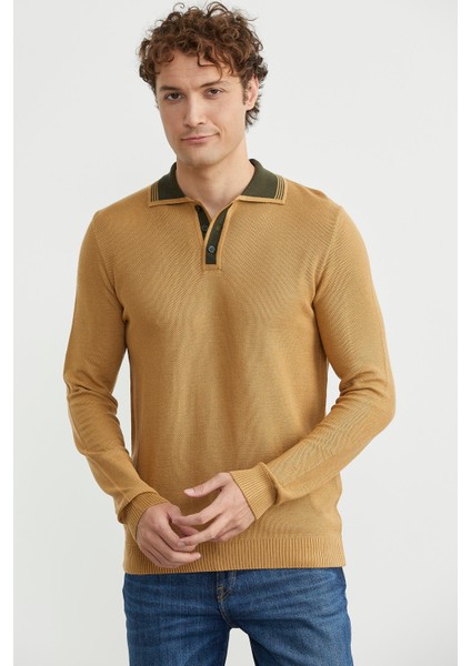 Polo Yaka Yünlü Triko Kazak - Kamel