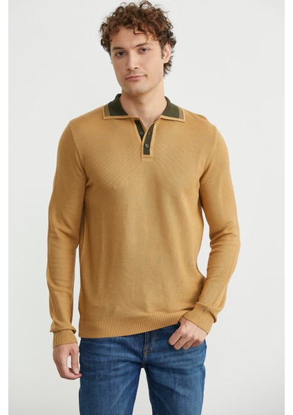 Polo Yaka Yünlü Triko Kazak - Kamel fiyatları