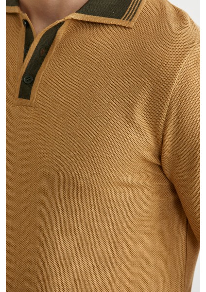 Polo Yaka Yünlü Triko Kazak - Kamel fırsatları