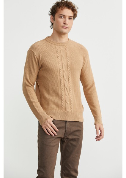 Motif Detaylı Bisiklet Yaka Triko Kazak - Kamel