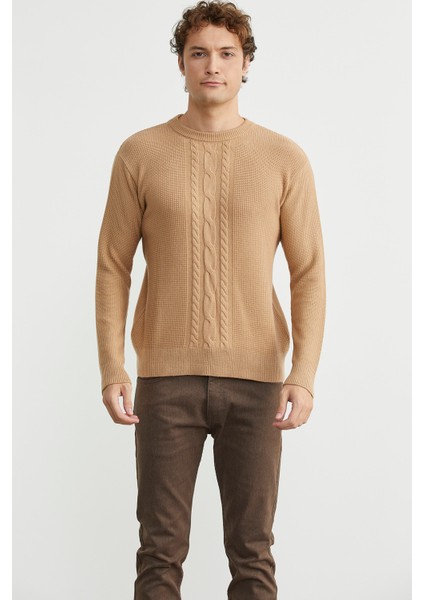 Motif Detaylı Bisiklet Yaka Triko Kazak - Kamel modelleri