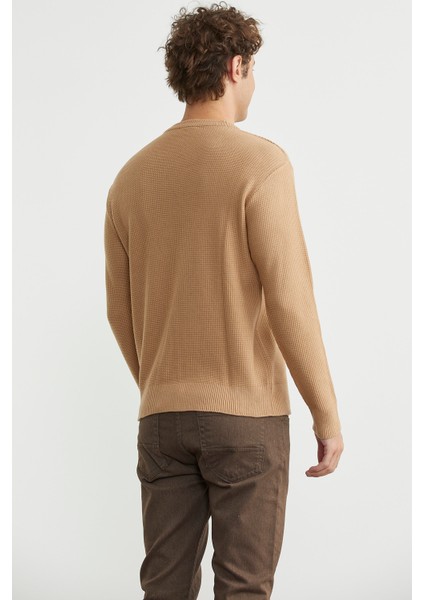 Motif Detaylı Bisiklet Yaka Triko Kazak - Kamel indirimleri