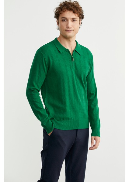 Fermuarlı Polo Yaka Triko Kazak - Açık Yeşil