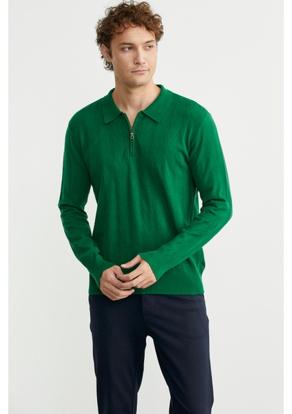 Fermuarlı Polo Yaka Triko Kazak - Açık Yeşil fiyatları