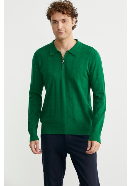Fermuarlı Polo Yaka Triko Kazak - Açık Yeşil modelleri