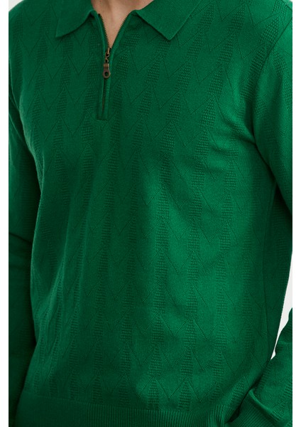 Fermuarlı Polo Yaka Triko Kazak - Açık Yeşil fırsatları