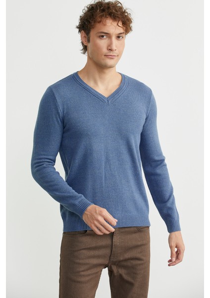 V Yaka Basic Triko Kazak - Indigo fiyatları