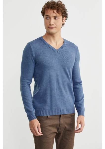 V Yaka Basic Triko Kazak - Indigo modelleri