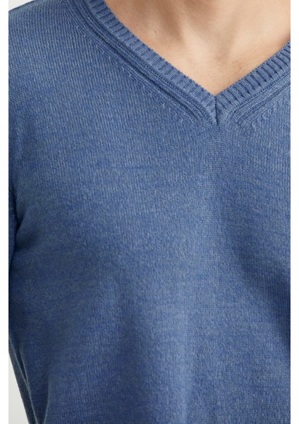 V Yaka Basic Triko Kazak - Indigo fırsatları