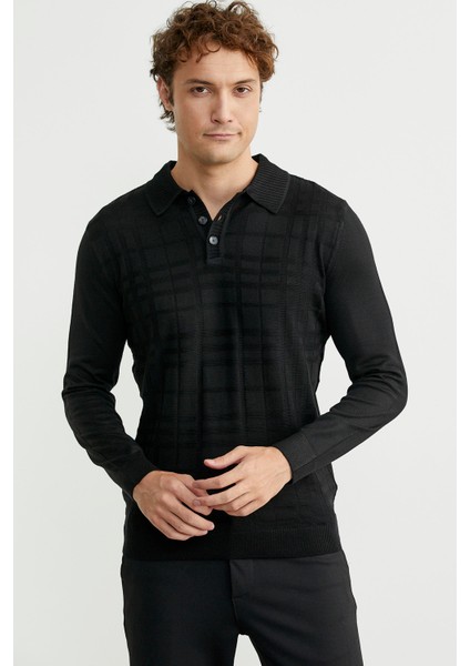 Polo Yaka Ekose Motifli Triko Kazak - Siyah