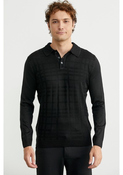 Polo Yaka Ekose Motifli Triko Kazak - Siyah fiyatları